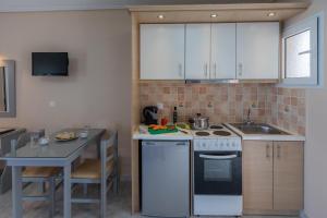 a kitchen with a stove and a sink and a table at eleni studios in Vlachata