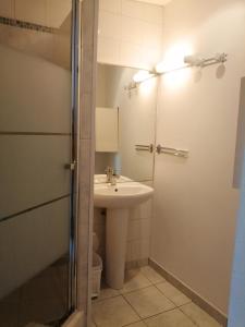 y baño con lavabo y ducha. en Appartement avec Terrasse, en Saint-Aubin-sur-Mer
