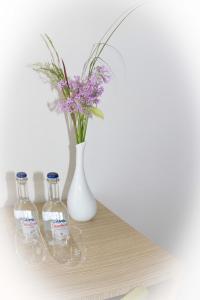 two bottles of water and a vase with flowers on a shelf at Bourquin Hotel - Lycée Hôtelier Christian Bourquin in Argelès-sur-Mer +25 photos