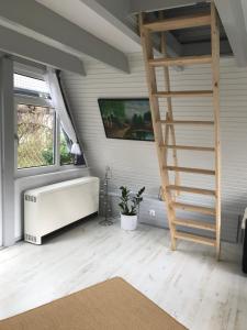 a bathroom with a bath tub and a ladder at Ferienhaus Schädertalblick in Wolfshagen