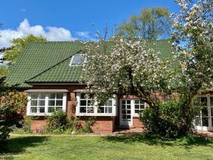 a brick house with a flowering tree in front of it at Uns Landhus Tating in Tating