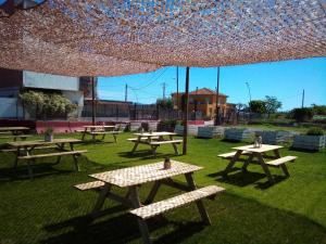 un grupo de mesas de picnic bajo un paraguas grande en La Masia, en Sant Pere Pescador