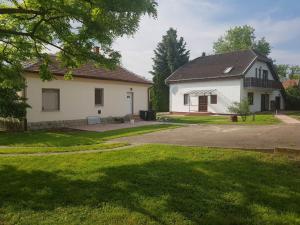 a white house with a black roof and a yard at Czinege Vendégház - Nagy ház in Poroszló