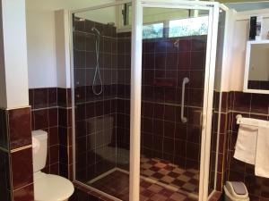 uma casa de banho com um chuveiro e um WC. em Gasworks B&B Cottages em Strathalbyn