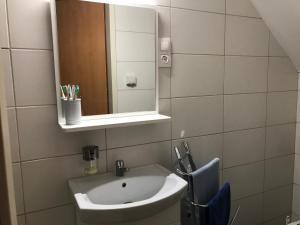 łazienka z umywalką i lustrem w obiekcie Prosper Lovasklub Panzió w mieście Piliscsév +28 zdjęć
