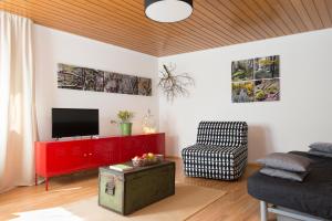 a living room with a red cabinet and a tv at Ferienwohnung Stein mit Sauna in Hasselbach