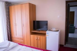 a bedroom with a television and a cabinet with a refrigerator at pensiunea vanesa in Baile Felix