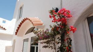 a white building with a bunch of red flowers on it at Hotel Villa Cedrino in Dorgali