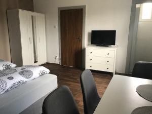 a bedroom with a bed and a dresser with a television at Apartmán Innova in Zlín