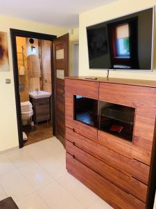 a bathroom with a television on top of a dresser at Migor Apartamenty in Łeba