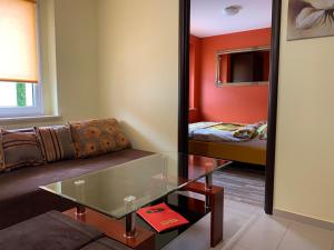 a living room with a couch and a mirror at Migor Apartamenty in Łeba