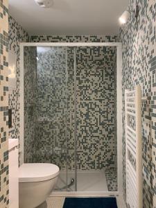 Ambiance bois - 2 appartements في فان: حمام مع دش مع مرحاض ومغسلة
