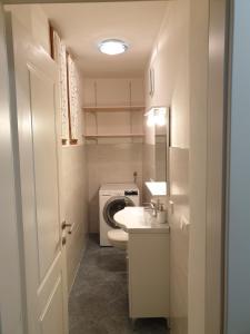 a small bathroom with a toilet and a sink at CASA DI ANNARITA 6 posti, BrixenCard in Bressanone
