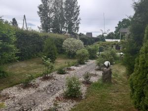 a garden with a stone path and plants at viesu nams "Laimes pakavs" in Straupe