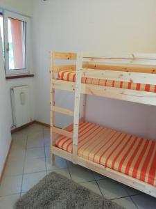 un par de literas en una habitación con alfombra en LAKE & CASTLE VIEW apartment, en Riva del Garda