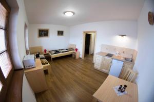 a room with a kitchen and a living room at Apartmány v Pošumaví in Stachy