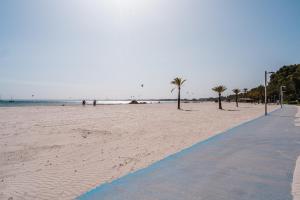 a sandy beach with palm trees and the ocean at Chalet Sa Marina in Port d'Alcudia