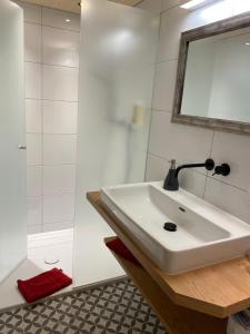 ein weißes Bad mit einem Waschbecken und einer Dusche in der Unterkunft Gasthof Adler in Doren