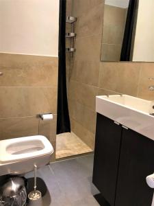 ein Bad mit einem WC, einem Waschbecken und einer Dusche in der Unterkunft Haus Meerliebe, Whg 1 in Cuxhaven