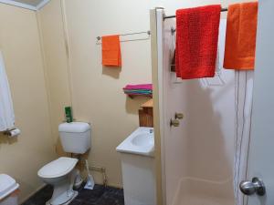 a bathroom with a toilet and a sink and towels at Golden Mt Rest on James in Mount Morgan