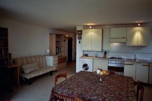 塞博爾加的住宿－B&B L'Intrigante，厨房以及带桌子和沙发的客厅。