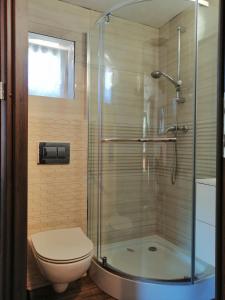 uma casa de banho com um WC e uma cabina de duche em vidro. em Pokoje Zacisze Leśne em Stegna