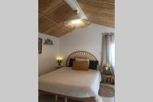1 dormitorio con 1 cama con techo de madera en GITE COCOTTE LUBERON, FORCALQUIER, en Pierrerue