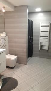 a bathroom with a toilet and a black shower at Przy Przystani in Stegna +28 photos