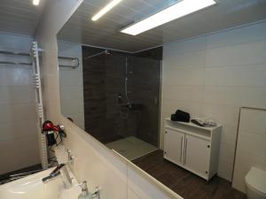 une salle de bain avec une douche avec une porte vitrée dans l'établissement Ferienwohnung Sanwald, à Schwäbisch Hall 17 autres photos