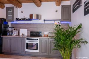 a kitchen with gray cabinets and a stove top oven at Désir'ôôm in Cabannes