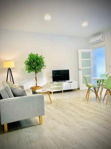 a living room with a couch and a tv and a table at Apartamentos Villas Romanas in Merida