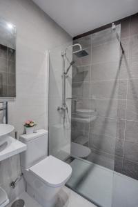 a bathroom with a shower and a toilet and a sink at Casa La Cuadra in Brunete