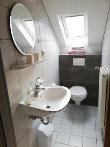 een badkamer met een wastafel, een spiegel en een toilet bij Wein-und Gästehaus Alfons Bollig in Trittenheim