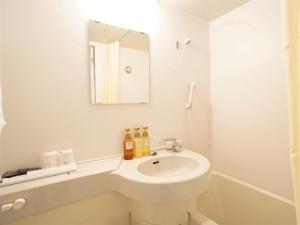 uma casa de banho branca com um lavatório e um espelho em Nagoya Sakae Green Hotel em Nagoia