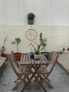een houten tafel met twee stoelen en potplanten bij 99 Flowers Flat in Lissabon