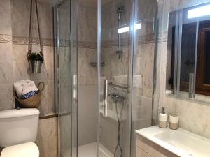 a bathroom with a shower and a toilet and a sink at Hostal Arostegui in Garayoa