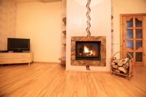 a living room with a fireplace and a tv at Lucy Apartments in Šiauliai