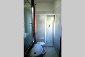 a bathroom with a shower and a toilet and a sink at Appartamento Lidarno in Lidarno