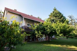 a house with two white chairs in the yard at Zefír Apartments in Balatonfüred