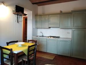 a kitchen with green cabinets and a table with chairs at Il Casale di Luna in Saturnia
