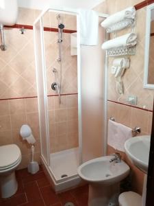 a bathroom with a shower and a toilet and a sink at Il Casale di Luna in Saturnia +45 photos