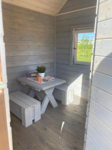 a picnic table and bench in a sauna at Jaunbirzes in Vecsaule