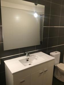 a bathroom with a sink and a mirror and a toilet at Apartamento Casa Latre in Barbastro