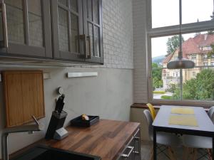 a kitchen with a wooden table and a window at Apartament Zdrojowa 45 in Kudowa-Zdrój