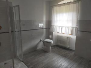y baño con aseo y ducha. en B&B villa bianca, en SantʼAgata