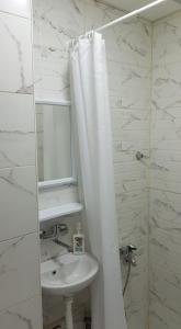 a white bathroom with a sink and a shower curtain at CENTRAL VIEW APARTMENT in Skopje