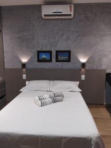 a large white bed in a bedroom with two pictures on the wall at KIT/LOFT - MUITO PRÓXIMA AO AEROPORTO DE BRASÍLIA in Brasilia