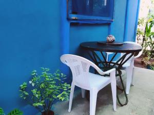 une table et des chaises assises à côté d'un mur bleu dans l'établissement Green Macaw Hostel, à Tortuguero