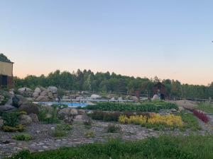 a garden with a pool and rocks and plants at Pensjonat Przy Stajni in Kierzkowo
