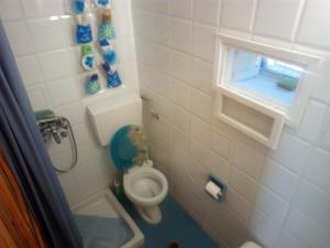 a small bathroom with a toilet and a window at Little Stone House near the Beach in Agios Ioannis Tinos